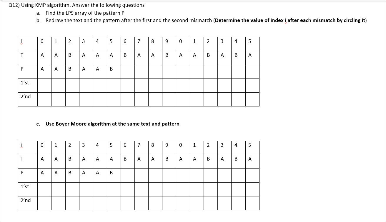  Q12) Using KMP algorithm. Answer the following questions a. Find the