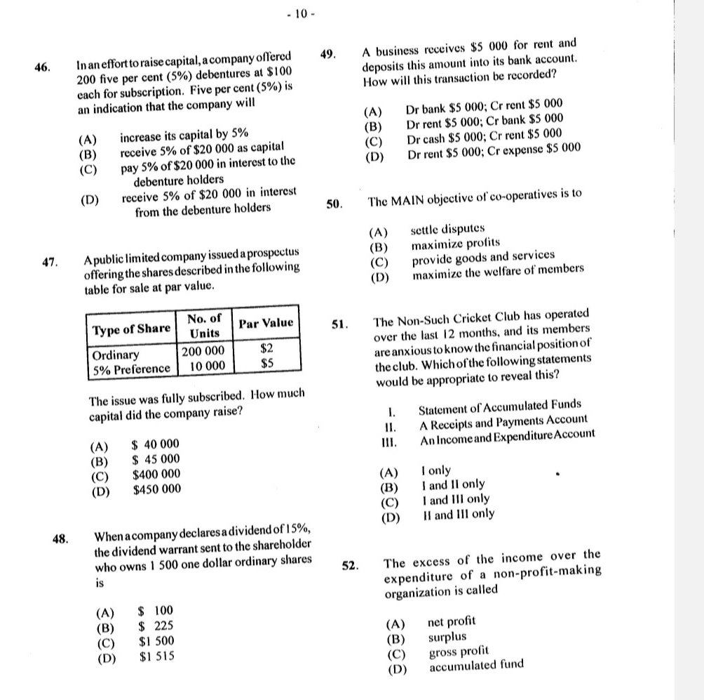  -10- 46. In an effort to raise capital, a company oflered