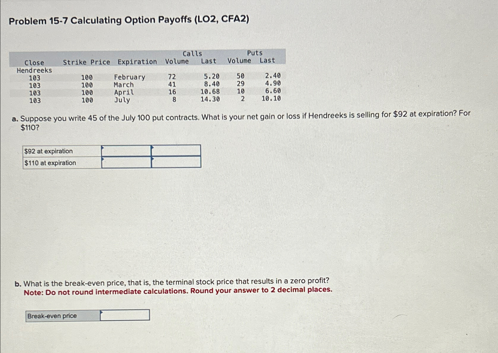  Need ASAP! Problem 15-7 Calculating Option Payoffs (LO2, CFA2) \table[[,,,Calls,Puts],[Close,Strike Price,Expiration,Volume,Last,Volume,Last],[Hendreeks,,,,,,],[103,100,February,72,5.20,50,2.40],[103,100,March,41,8.40,29,4.90],[103,100,April,16,10.68,10,6.60],[103,100,July,8,14.30,2,10.10]]