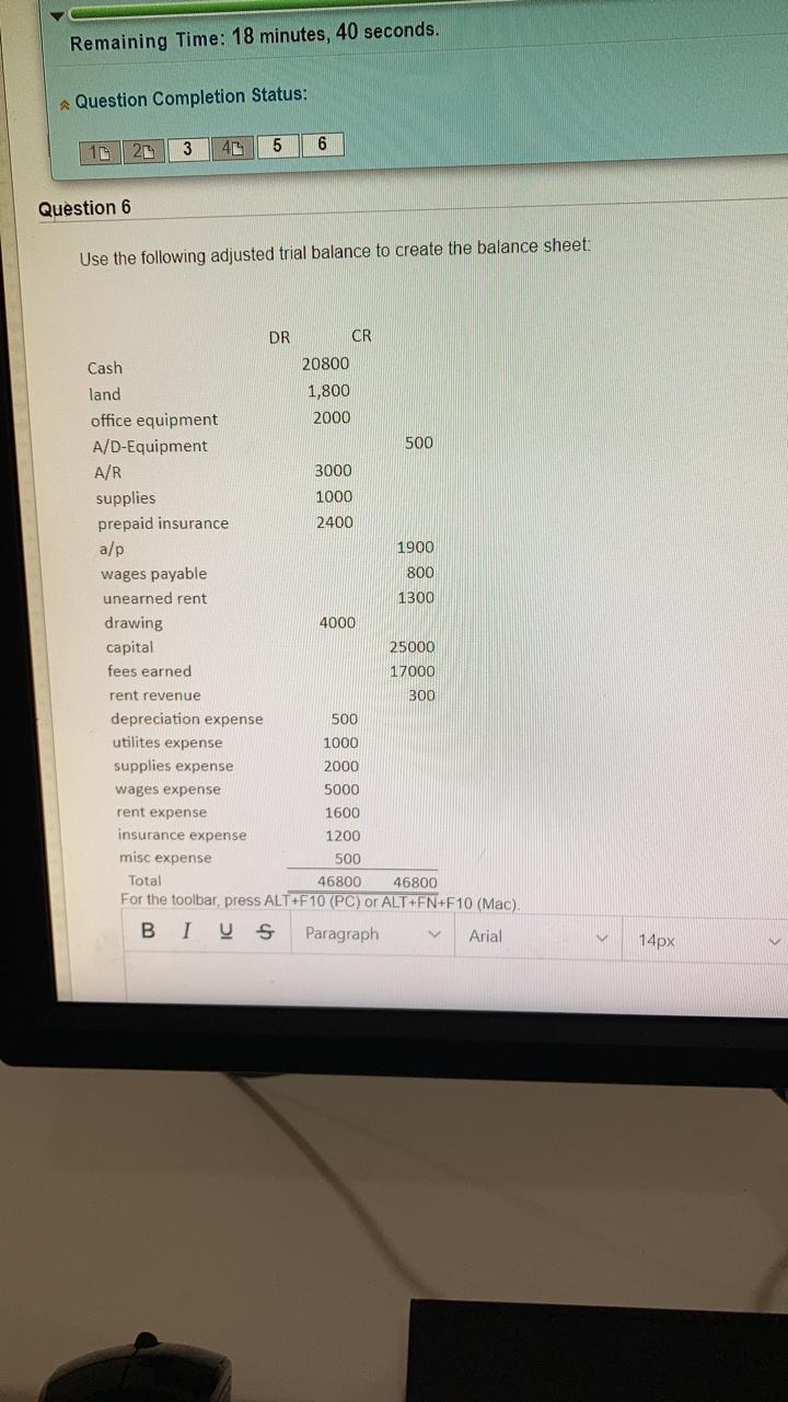  Remaining Time: 18 minutes, 40 seconds. * Question Completion Status: 6