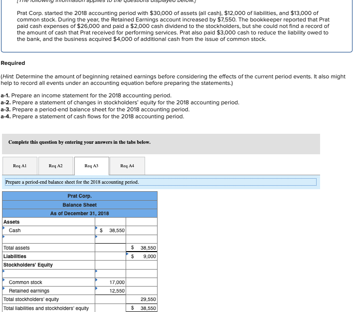2018 accounting period with $30,000 of assets (all cash), $12,000 of liabilities,