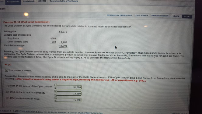 Gradebook ORION Dewenloadable eTextbook ment SCREENPRINTER VERSIONBACK Exercise 22-12 (Part Level