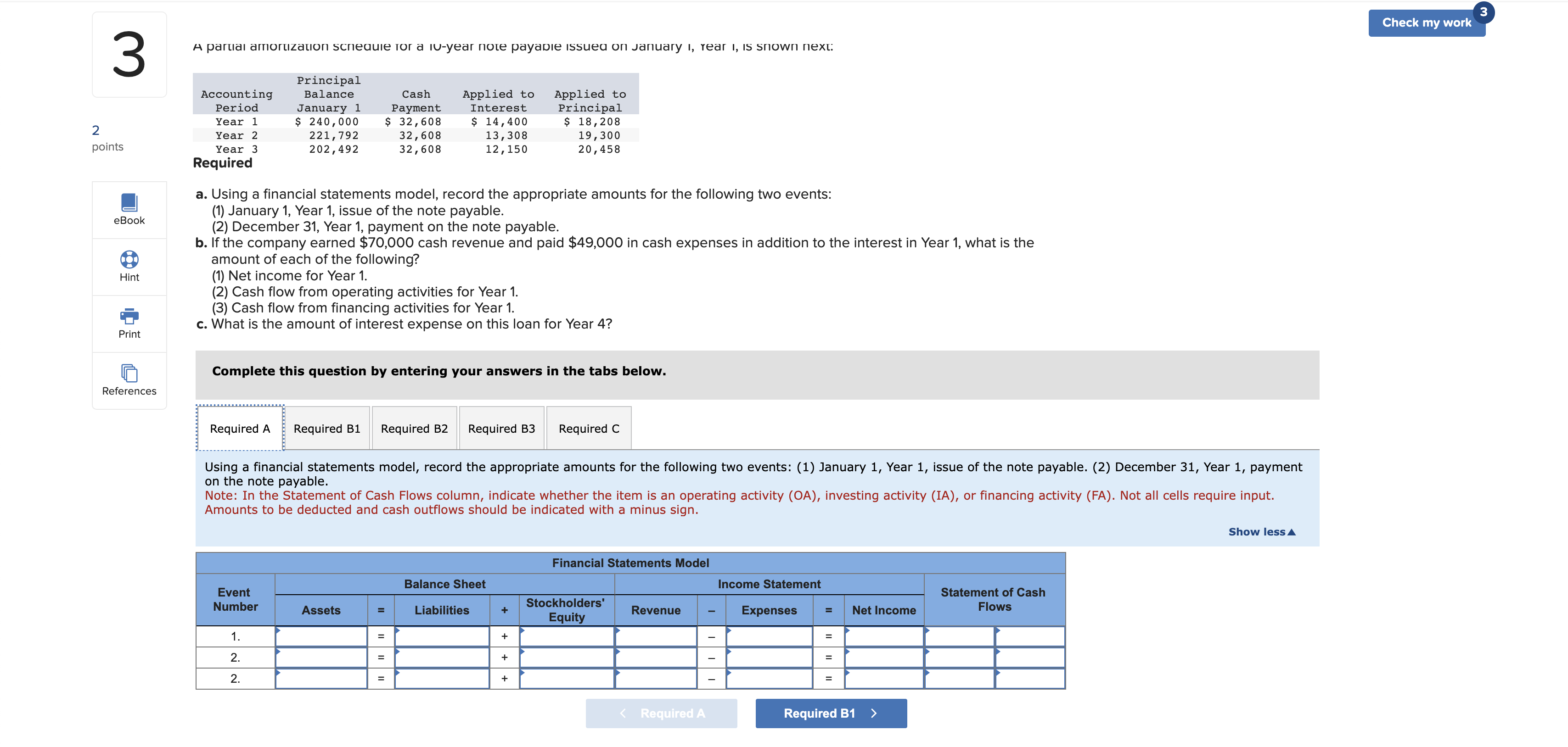  Using a financial statements model, record the appropriate amounts for the