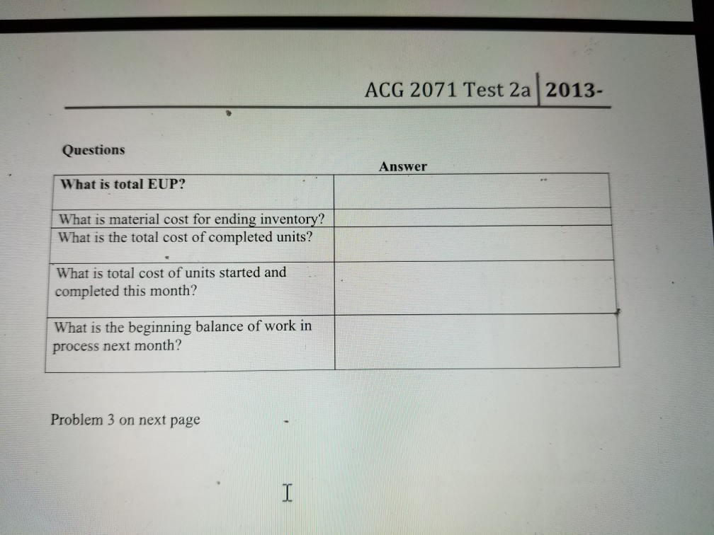 was 3,000 actual units 30% completed with value of $30,000. Direct materials