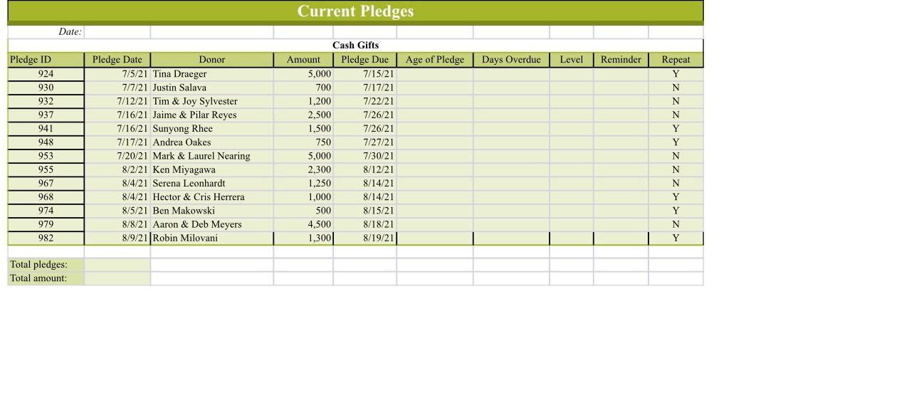 Current Pledges Date: Total pledges: Total amount: 3. In cell F5,