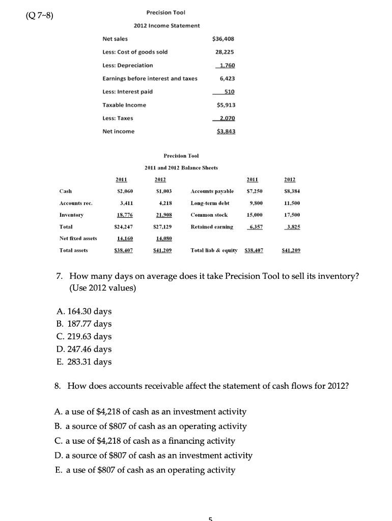 Add formula pls Precision Tool 2011 and 2012 Balance Sheets 7. How