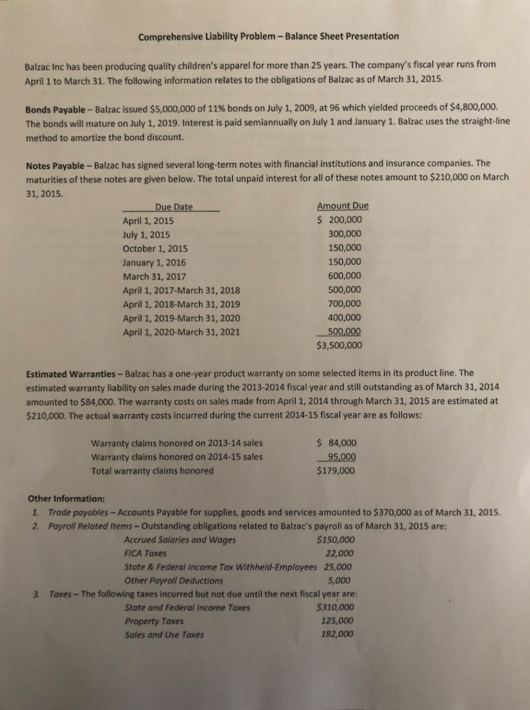 Comprehensive Liability Problem-Balance Sheet Presentation Balzac Inc has been producing quality