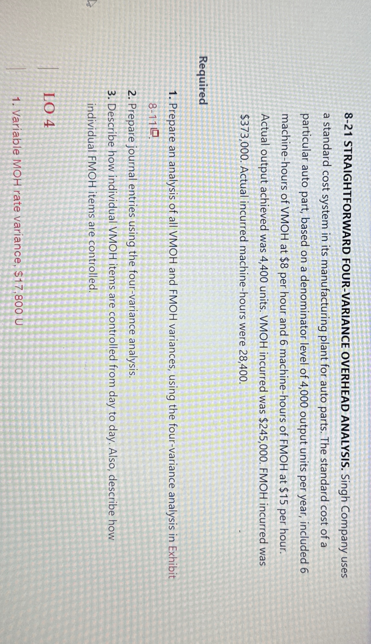  8-21 STRAIGHTFORWARD FOUR-VARIANCE OVERHEAD ANALYSIS. Singh Company uses a standard cost