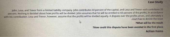  Case Study John, Lesa, and Trevor form a limited liability company.
