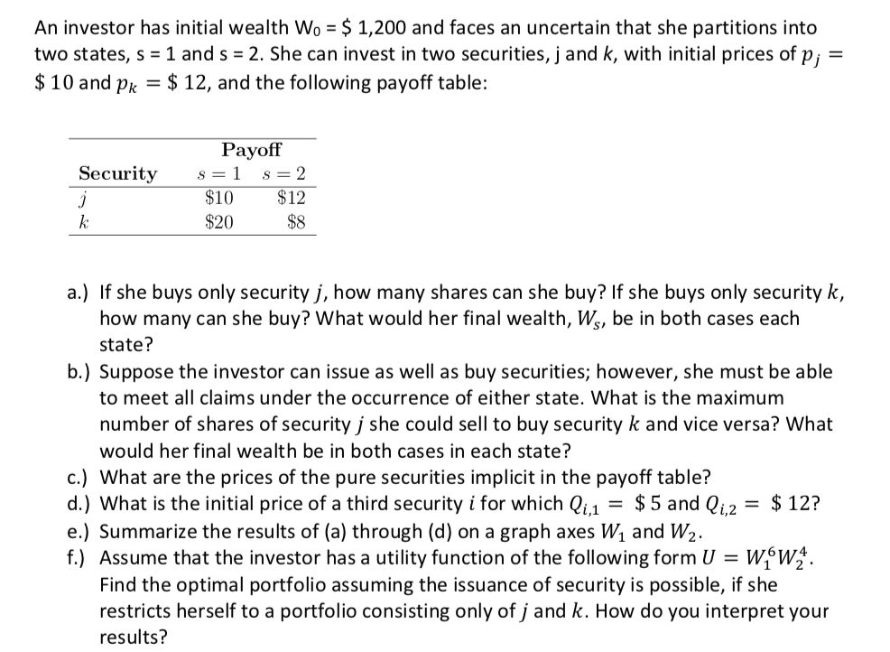 Please solve and explain exercise f An investor has initial wealth Wo