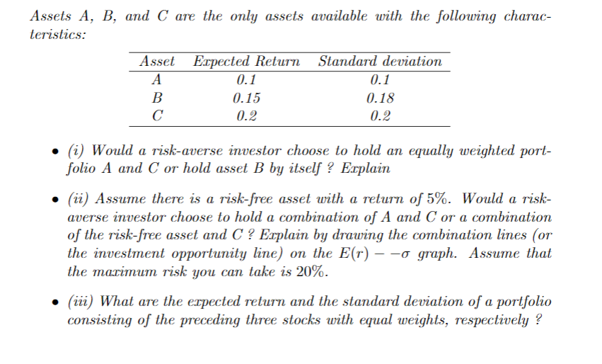 Assets A, B, and C are the only assets available with
