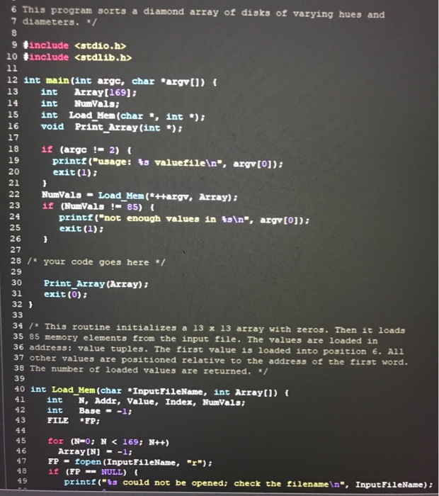  Write a C program that sorts a 13x13 diamond containing 85