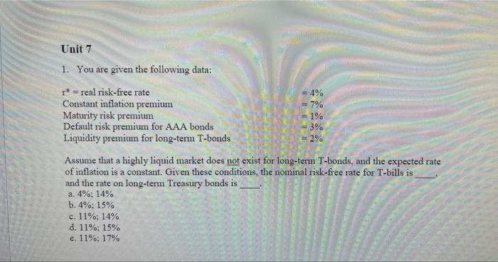  Unit 7 1. You are given the following data: r =