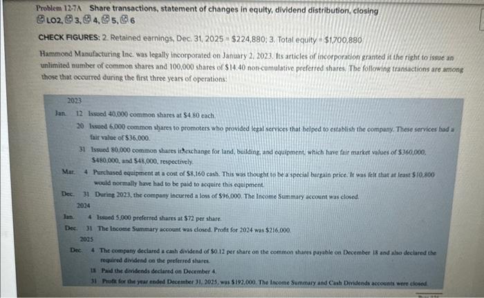  Problem 12-7A Share transactions, statement of changes in equity, dividend distribution,