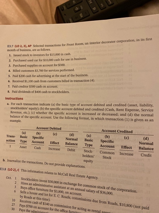  CH E3.7 (LO 2, 3), AP Selected transactions for Front Room,