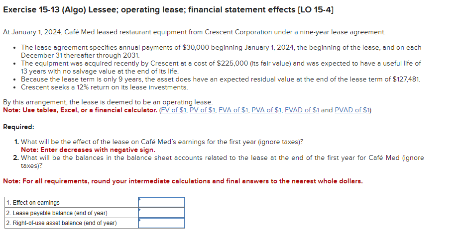  Exercise 15-13 (Algo) Lessee; operating lease; financial statement effects [LO 15-4]