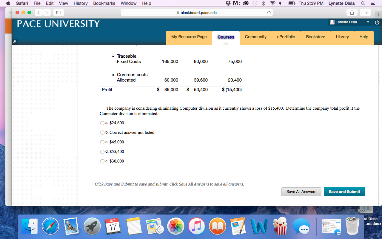 S Thu 2:39 PM Lynette Disla a E Iblackboard.pace.edu lynette Disla PACE