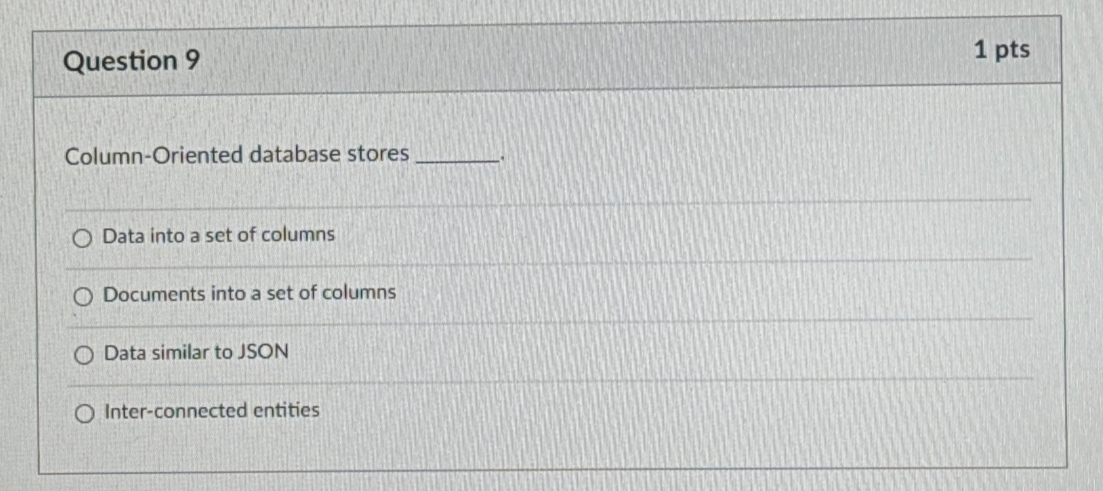  Question 9 1 pts Column-Oriented database stores Data into a set