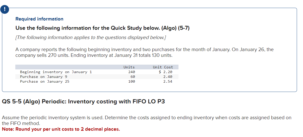  Required information Use the following information for the Quick Study below.