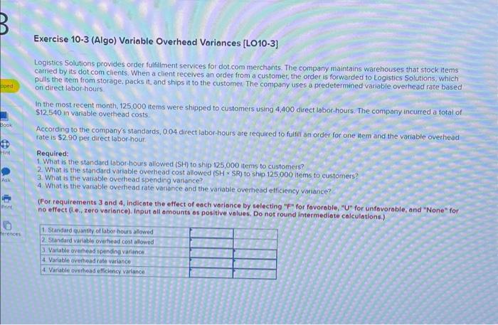 Exercise 10-3 (Algo) Variable Overhead Variances [LO10-3] Logistics Solutions provides order