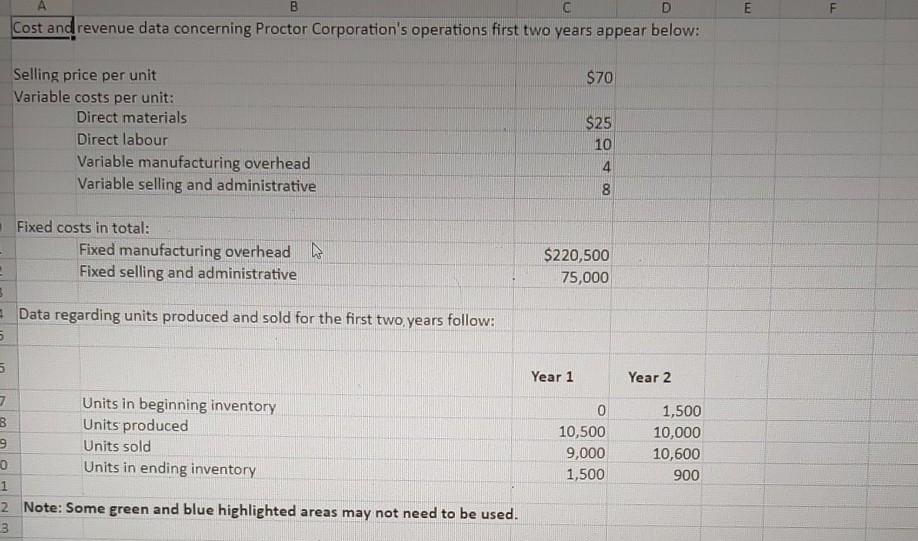  B E F G Cost and revenue data concerning Proctor Corporation's