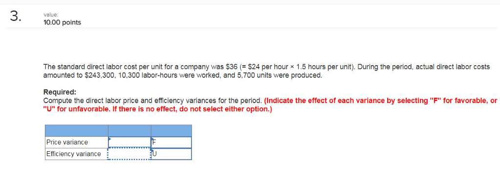  value 0.00 points The standard direct labor cost per unit for