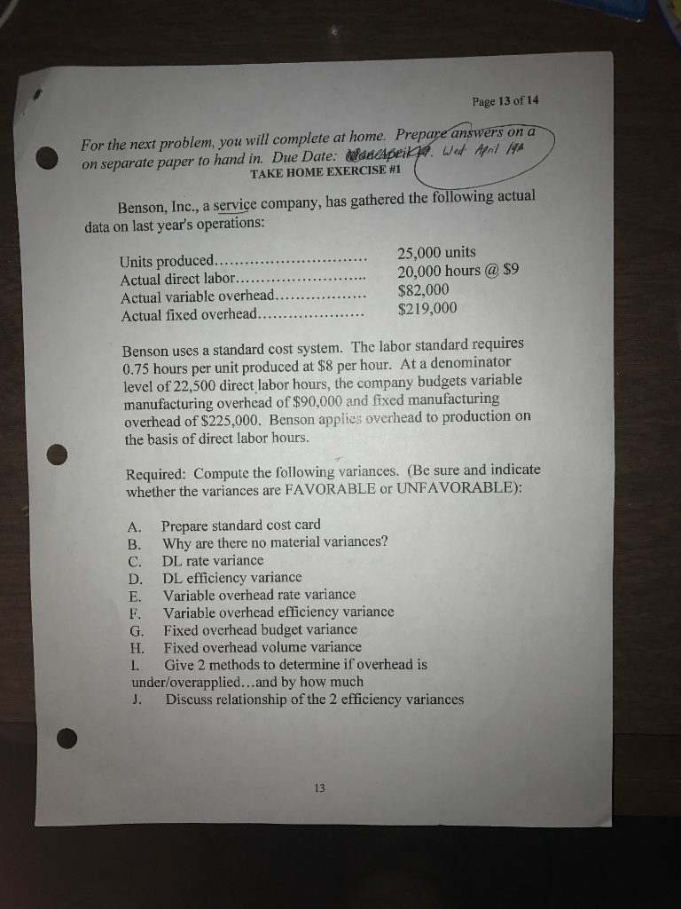  CAN YOU COMPLETE E THROUGH J? Benson, Inc., a service company,