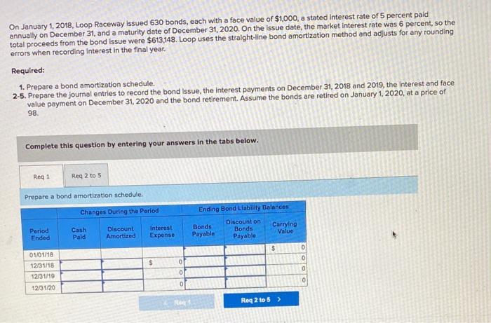  On January 1, 2018, Loop Raceway issued 630 bonds, each with