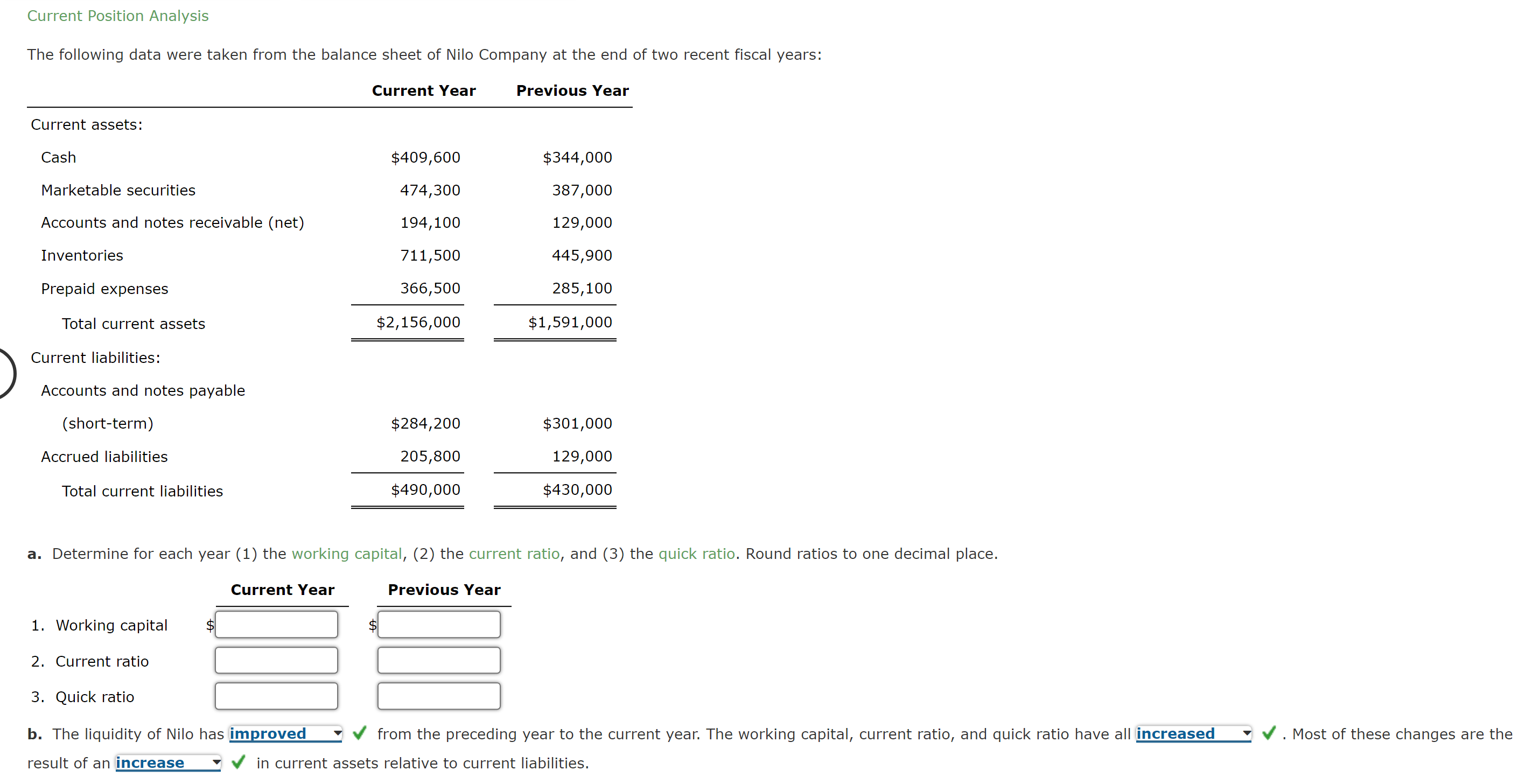 Current Position Analysis The following data were taken from the balance