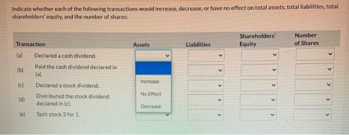  Indicate whether each of the following transactions would increase, decrease, or