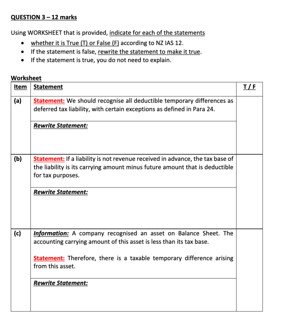 QUESTION 3 - 12 marks Using WORKSHEET that is provided, indicate
