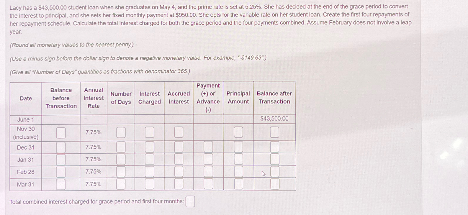  Lacy has a $43,500.00 student loan when she graduates on May