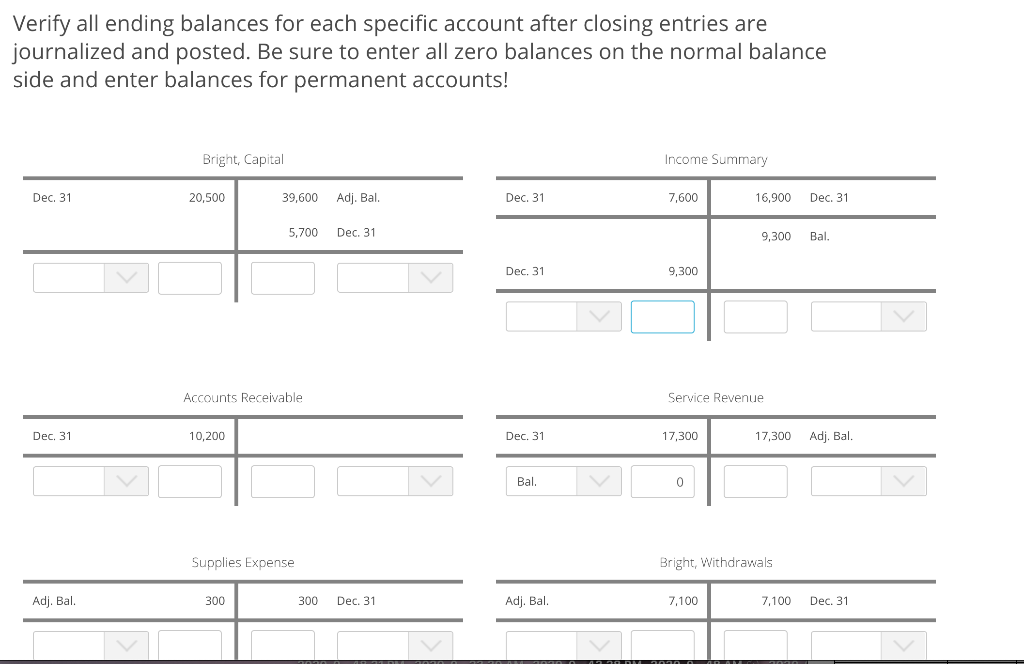 Verify all ending balances for each specific account after closing entries