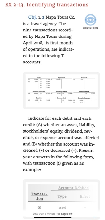 T accounts: Answer format: EX 2-13. Identifying transactions Obj. 1, 2