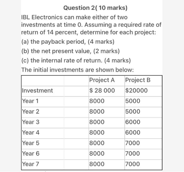  Question 2( 10 marks) IBL Electronics can make either of two