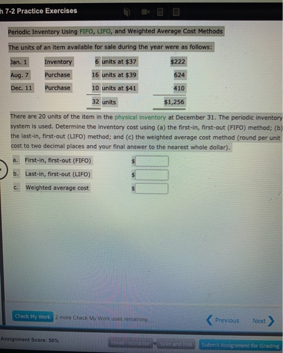  h 7-2 Practice Exercises Periodic Inventory Using FIFO, LIFO, and Weighted