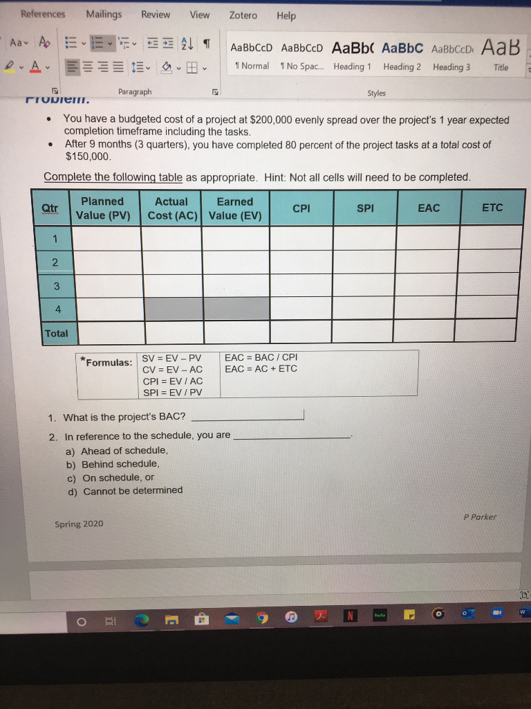 I need help answering this project metrics problem References Mailings Review View