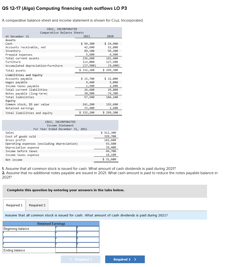  QS 12-17 (Algo) Computing financing cash outflows LO P3 A comparative