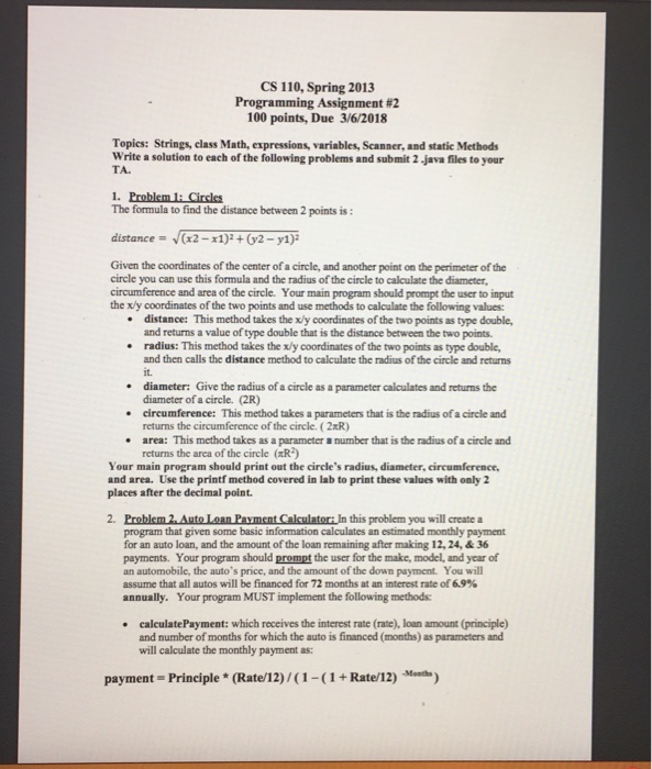  CS 110, Spring 2013 Programming Assignment #2 100 points, Due 3/6/2018