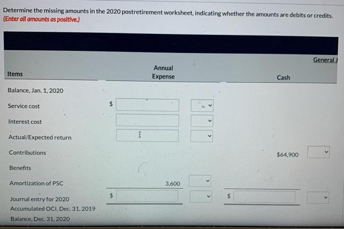  Determine the missing amounts in the 2020 postretirement worksheet, indicating whether
