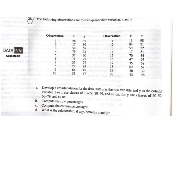 Please answer all points 28. The following observations are for two quantitative