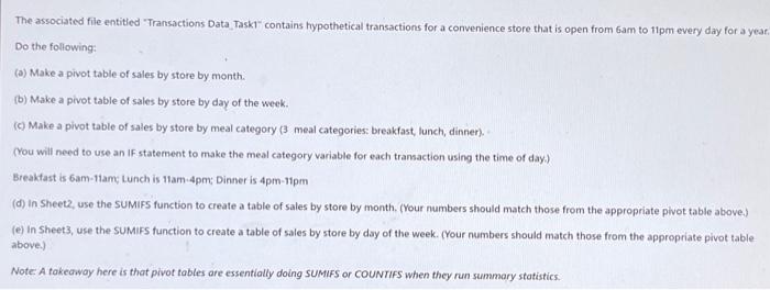 please include formulas and describe each step The associated file entitied "Transactions
