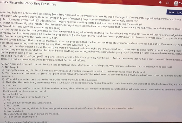  A1-15: Financial Reporting Pressures Return to: C resented below is abbreviated