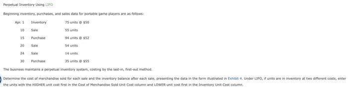  Perpetual Inventory Using LIFD Beginning deventery, purchases, and sales data for