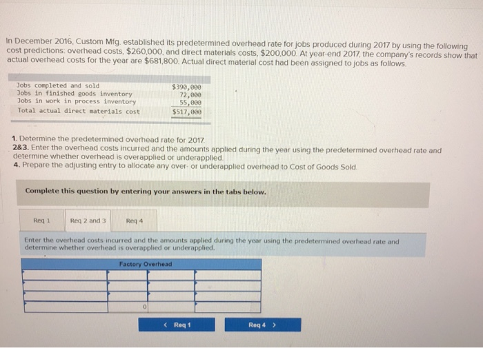 In December 2016, Custom Mfg established its predetermined overhead rate for jobs