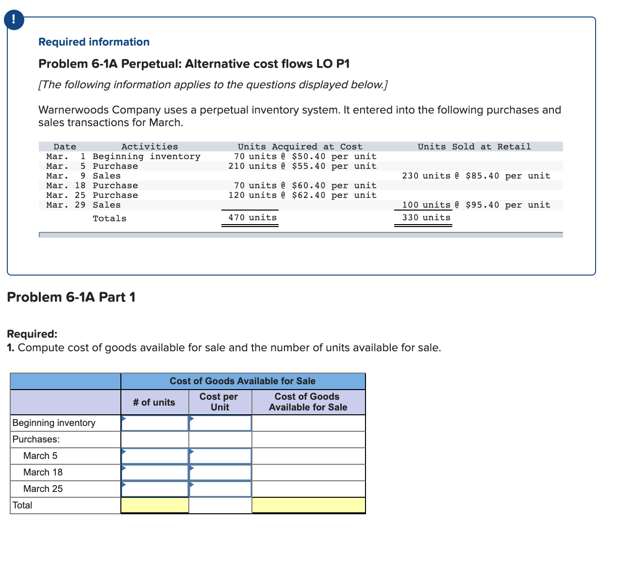  Required information Problem 6-1A Perpetual: Alternative cost flows LO P1 [The