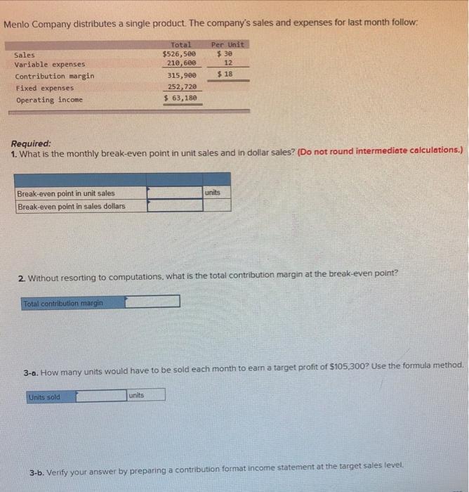  Please answer full question Menlo Company distributes a single product. The