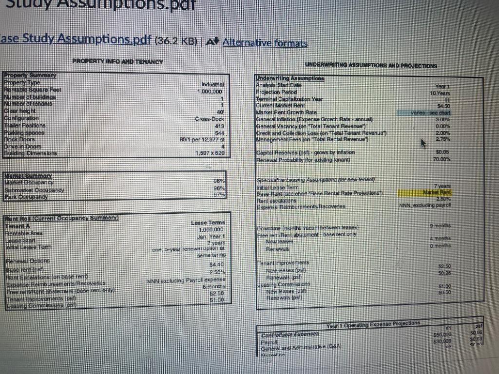 1M sf industrial property: 1. Part 1- Create a detailed cash flow