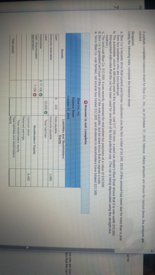 Please help A partially completed balance sheet for Blue Co., Inc.,