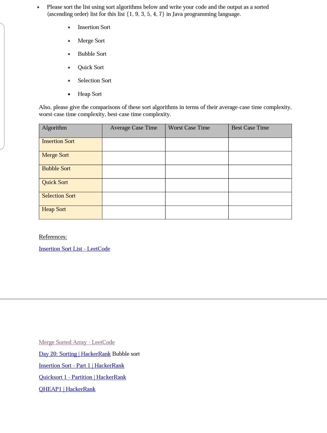  Data structures (java) - Please sort the list using sort algorithms